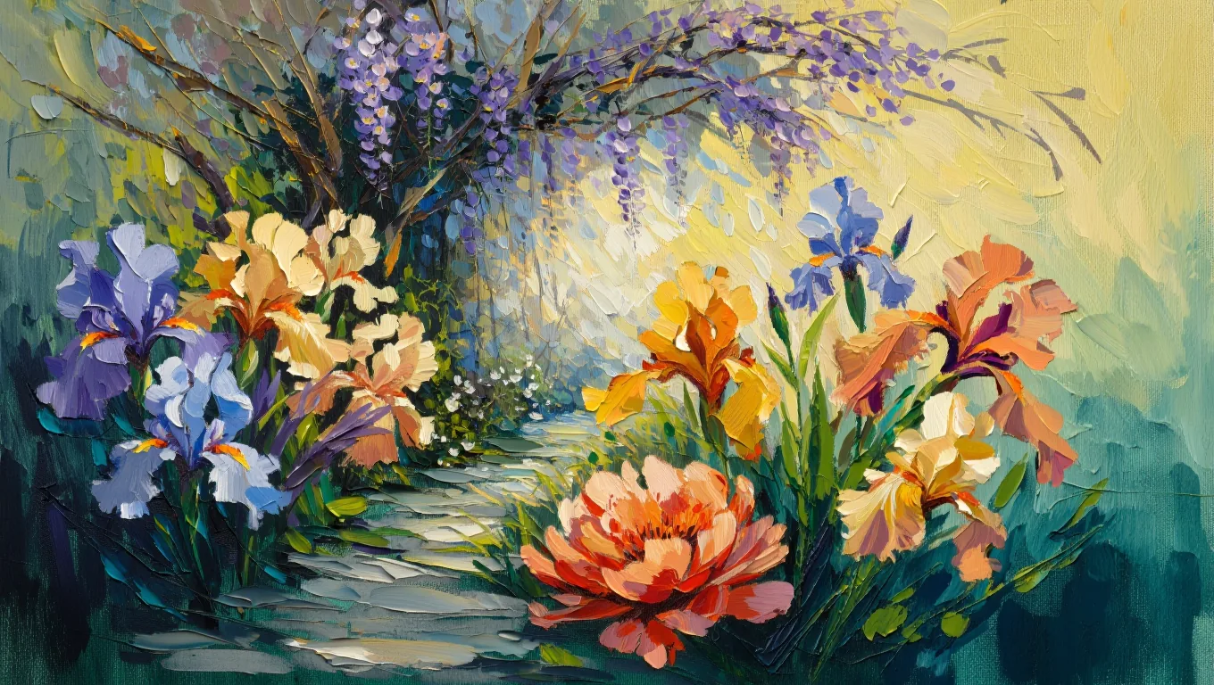Painterly garden of irises and wisteria on a stone path in the Flowjam style