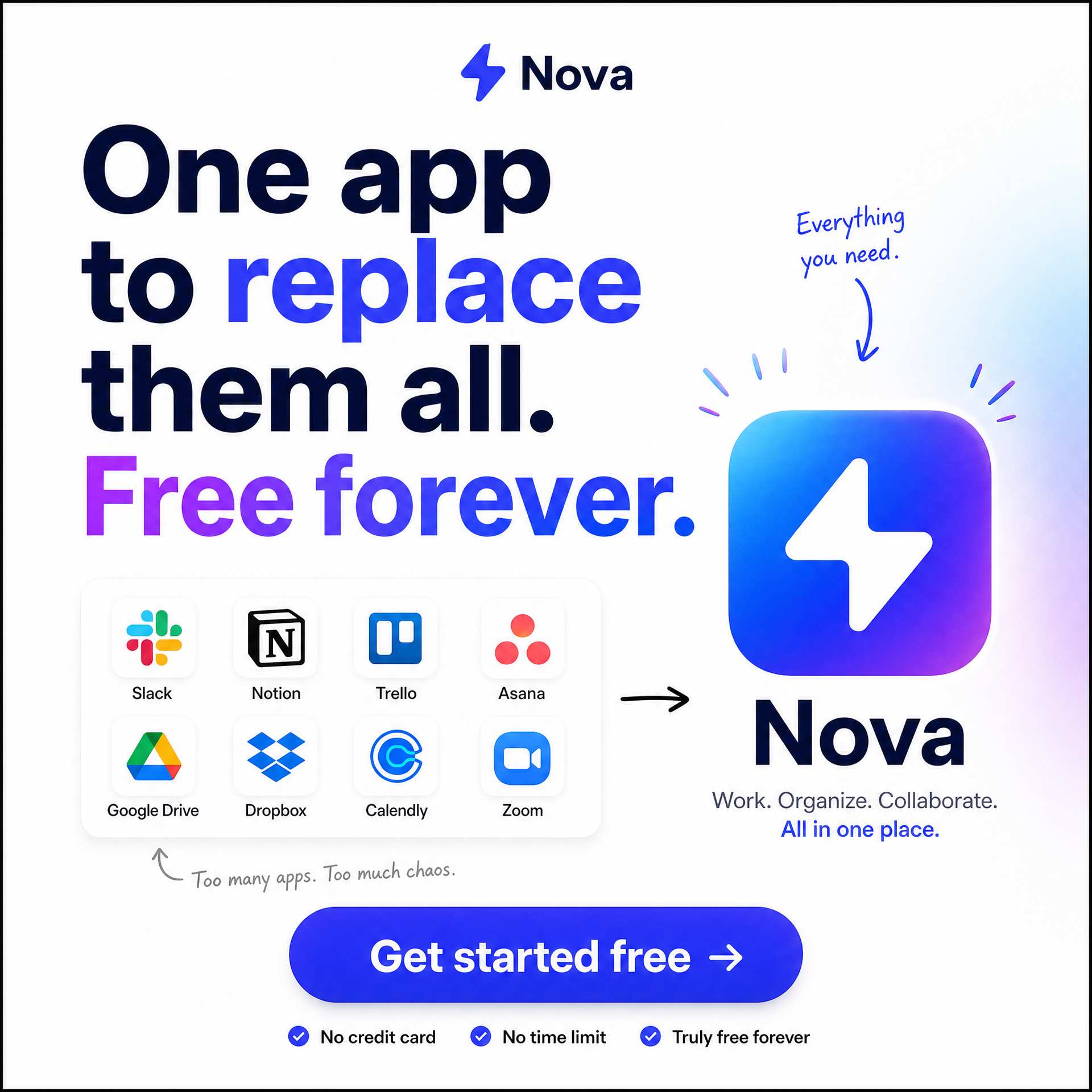 SaaS ad example: bold headline one app to replace them all free forever with app icons and a get started free CTA