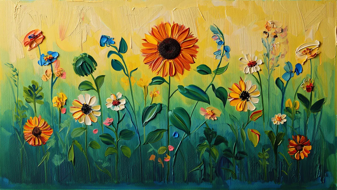 Painterly garden of sunflowers and zinnias in the Flowjam style