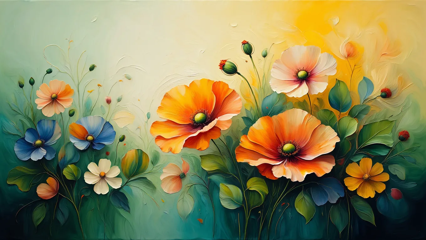 Painterly garden of poppies and cosmos in the Flowjam style