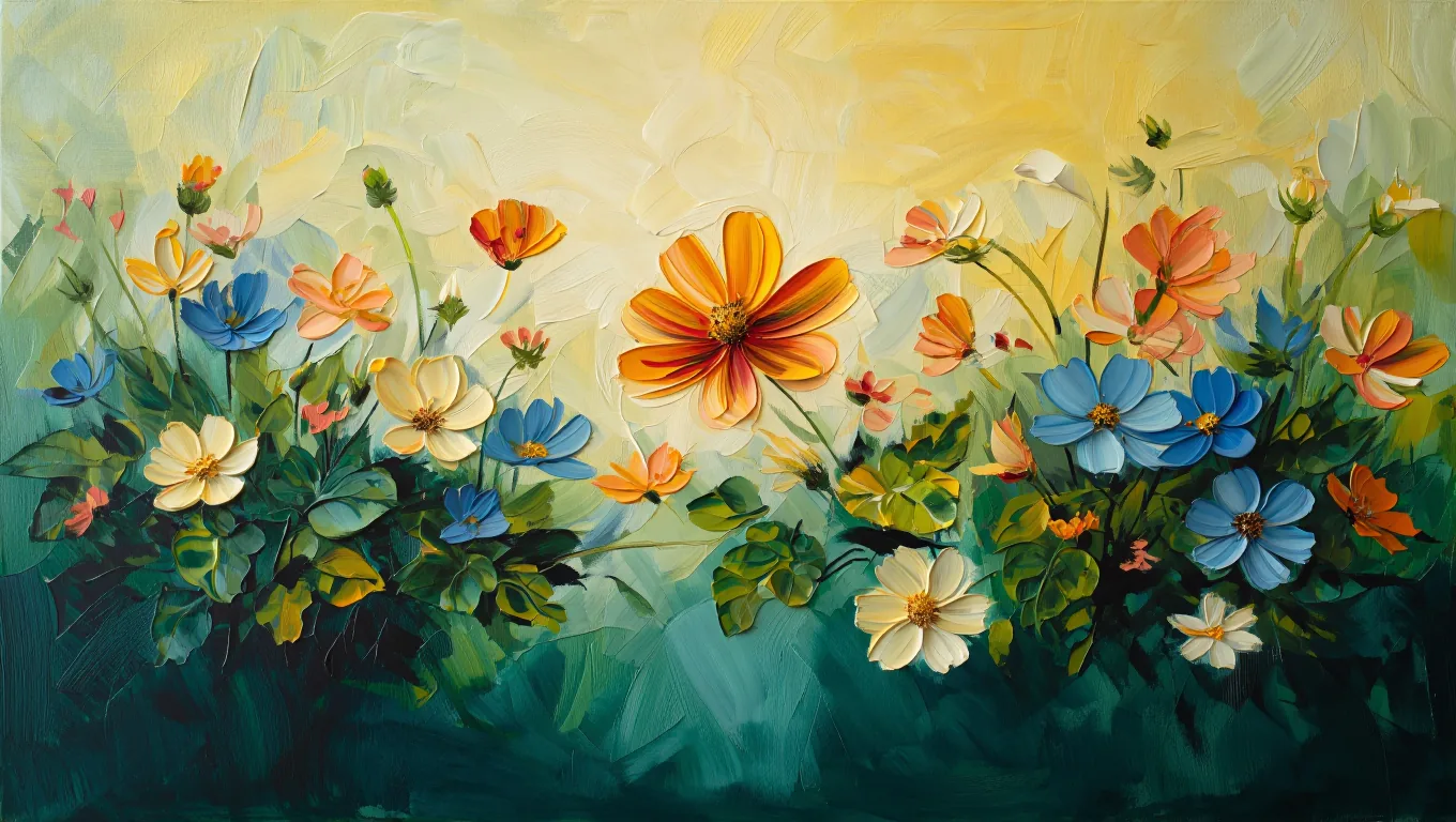 Painterly garden of cosmos and dahlias drifting through morning light in the Flowjam style