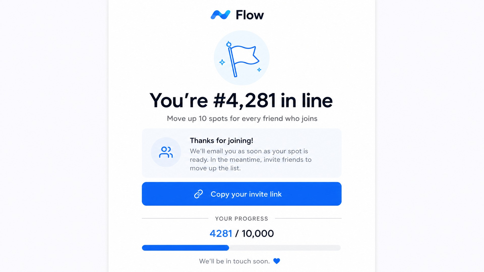 Skip-the-line referral confirmation screen showing the user's position in line and a copy-invite-link button to move up