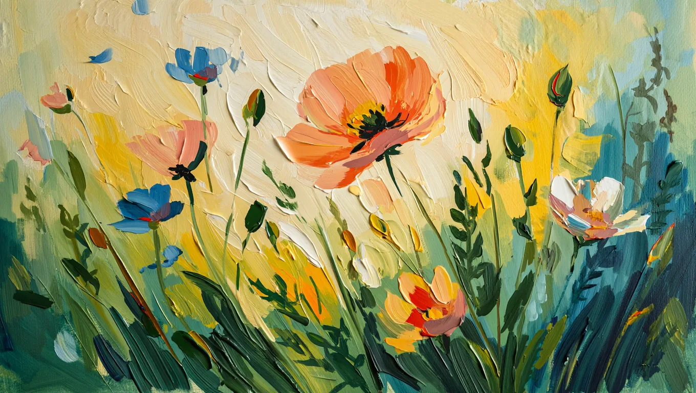 Painterly garden of poppies and wildflowers at golden hour in the Flowjam style