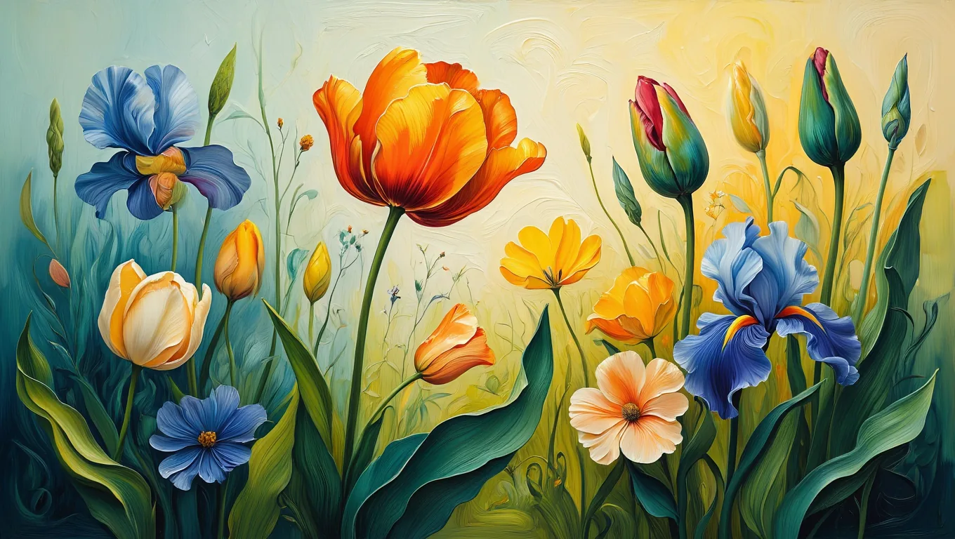Painterly garden of tulips and irises in the Flowjam style