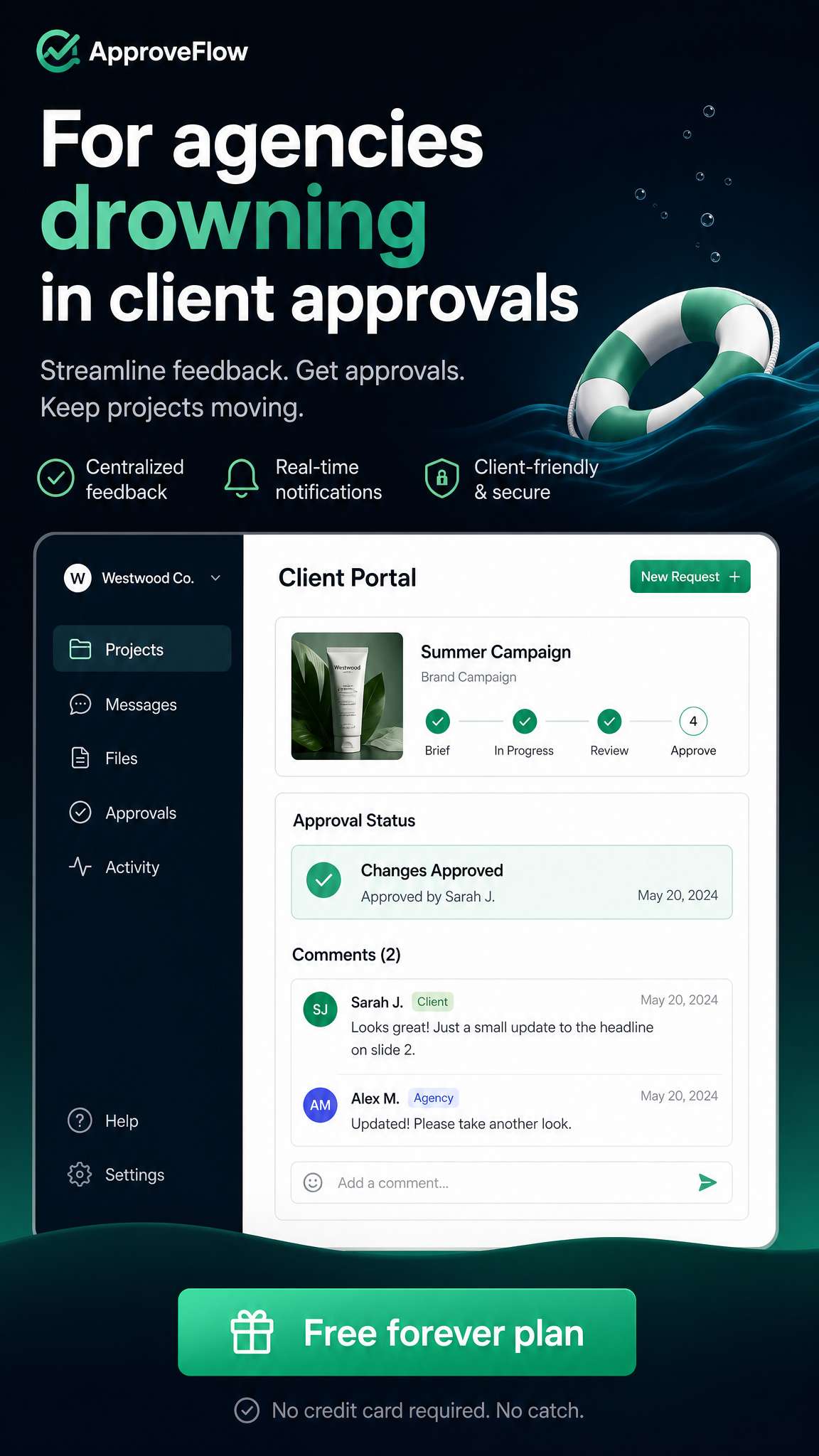 SaaS ad example: for agencies drowning in client approvals with a client portal interface and a free forever plan CTA