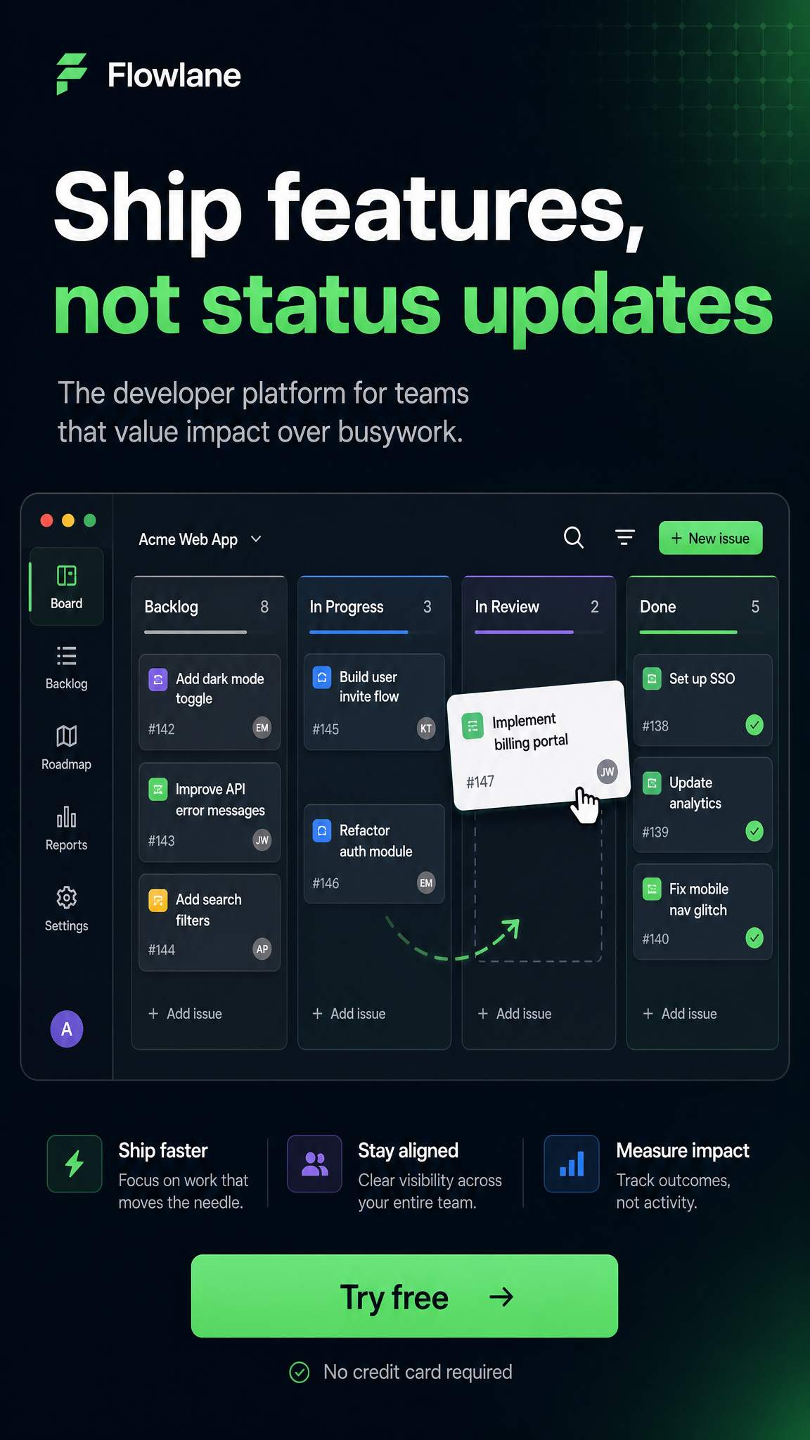 SaaS ad example: dev tool with headline ship features not status updates over a project board and a Try free CTA