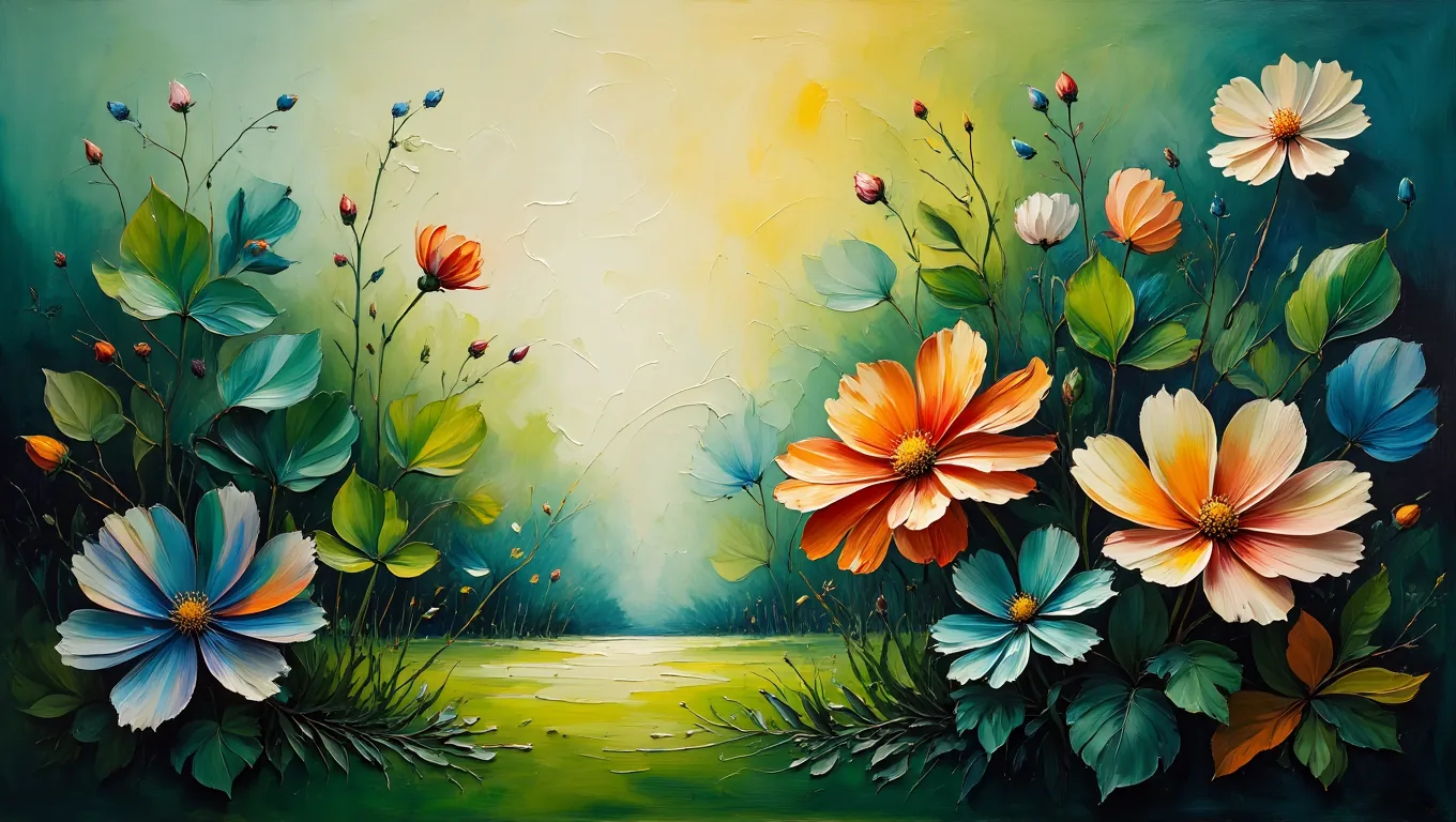 Painterly garden of cosmos and dahlias drifting across a sunlit lawn in the Flowjam style