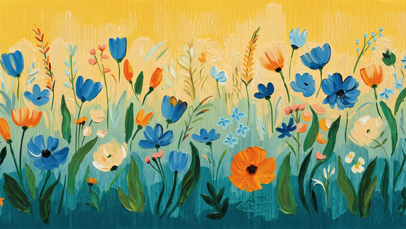 Painterly garden of poppies and wildflowers at golden hour in the Flowjam style