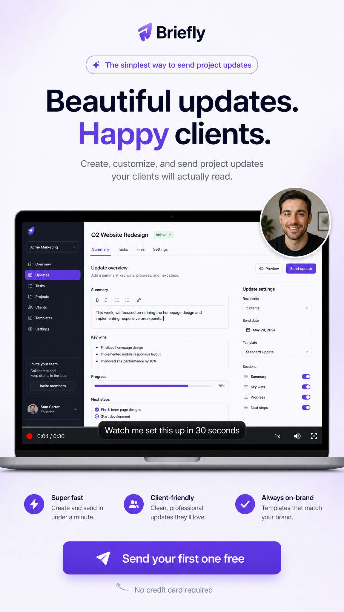 SaaS ad example: a screen-recording demo with a founder face-cam bubble and caption watch me set this up in 30 seconds