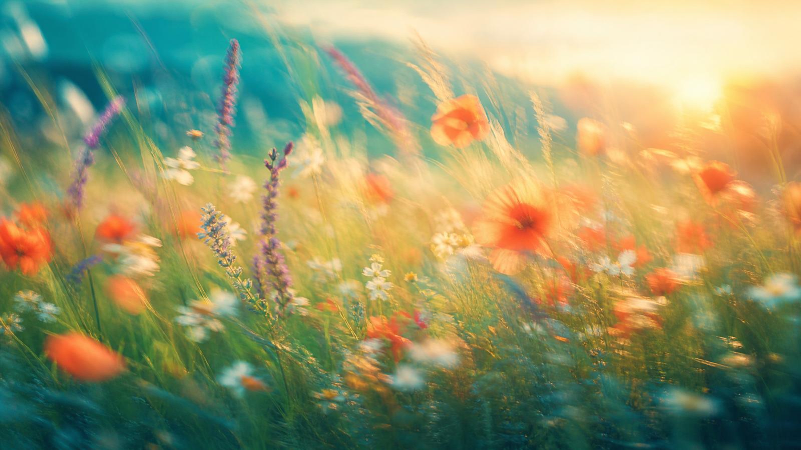 Bright impressionistic motion-blur wildflower meadow in teal, green and coral
