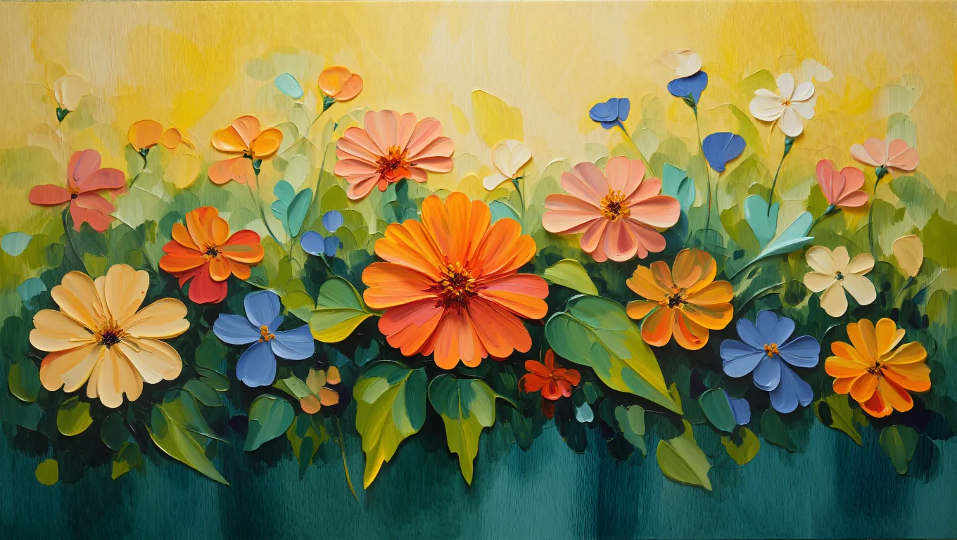 Painterly garden of zinnias and marigolds in the Flowjam style