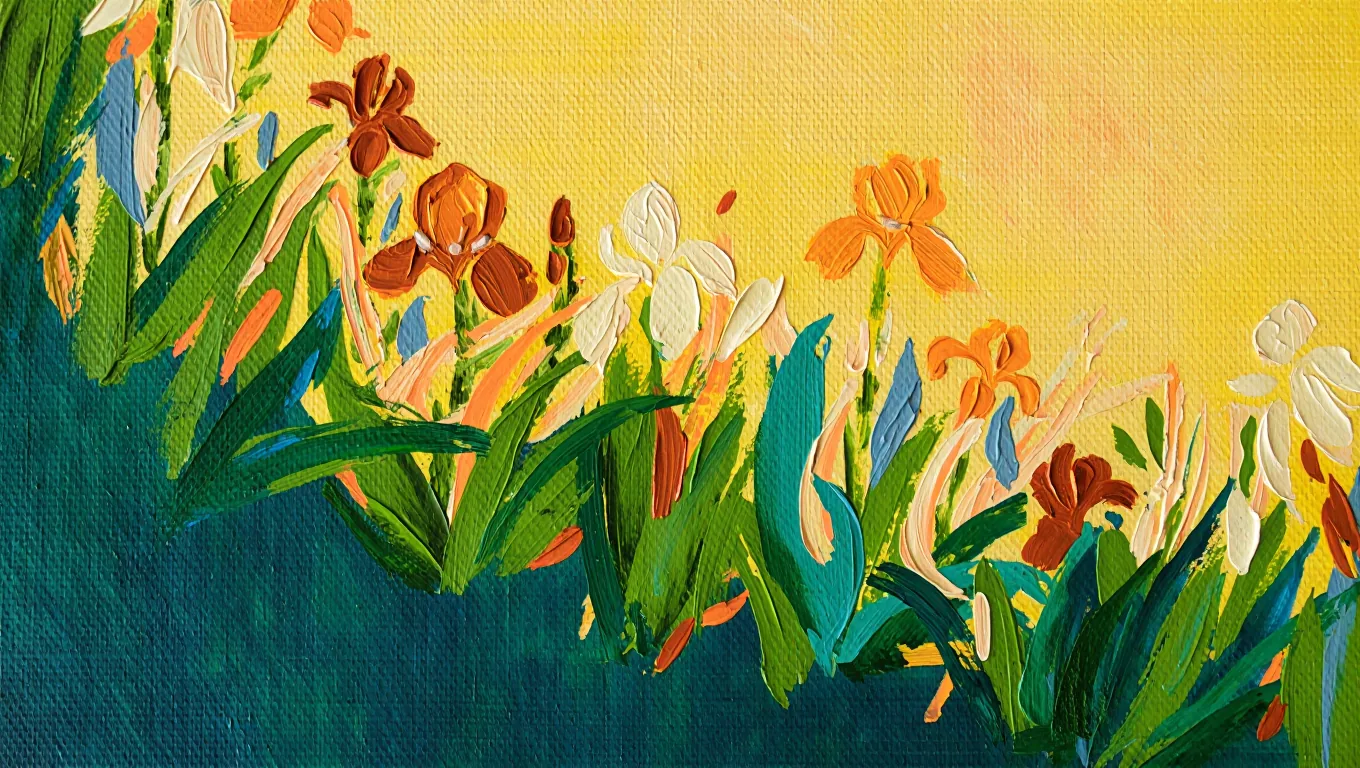 Painterly garden of irises and lupines in the Flowjam style