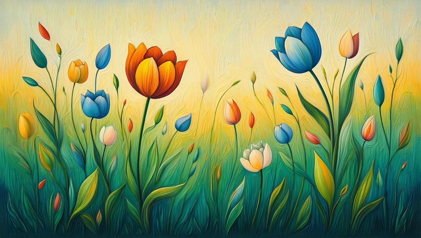 Painterly garden of tulips and lilies at dawn in the Flowjam style
