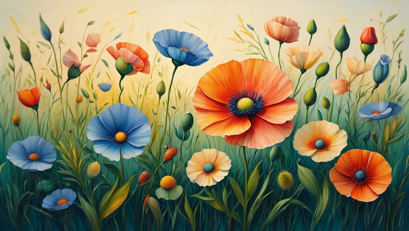 Painterly garden of poppies and cornflowers in the Flowjam style