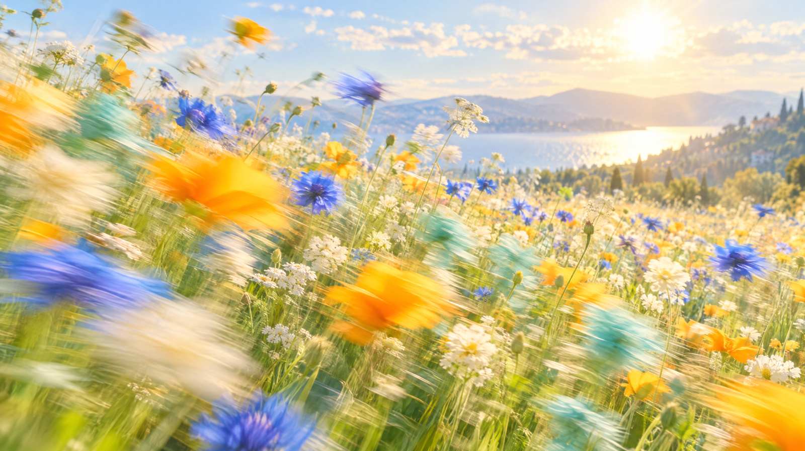 Impressionistic motion-blur wildflower meadow in marigold, cornflower blue, teal and cream