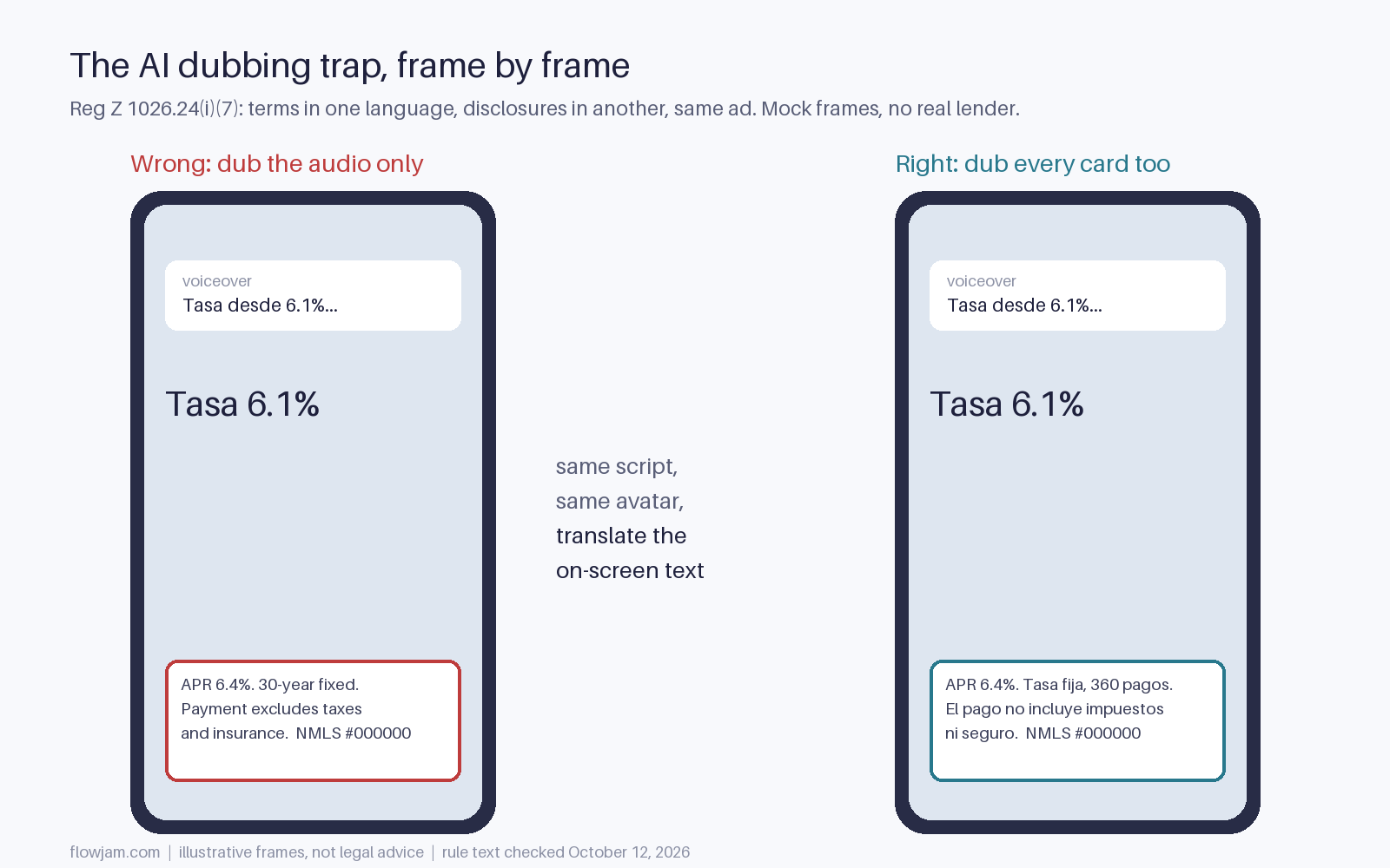 Two mock phone frames of a Spanish-dubbed mortgage video: the wrong one keeps the APR and payment disclosures in English, the right one translates them into Spanish
