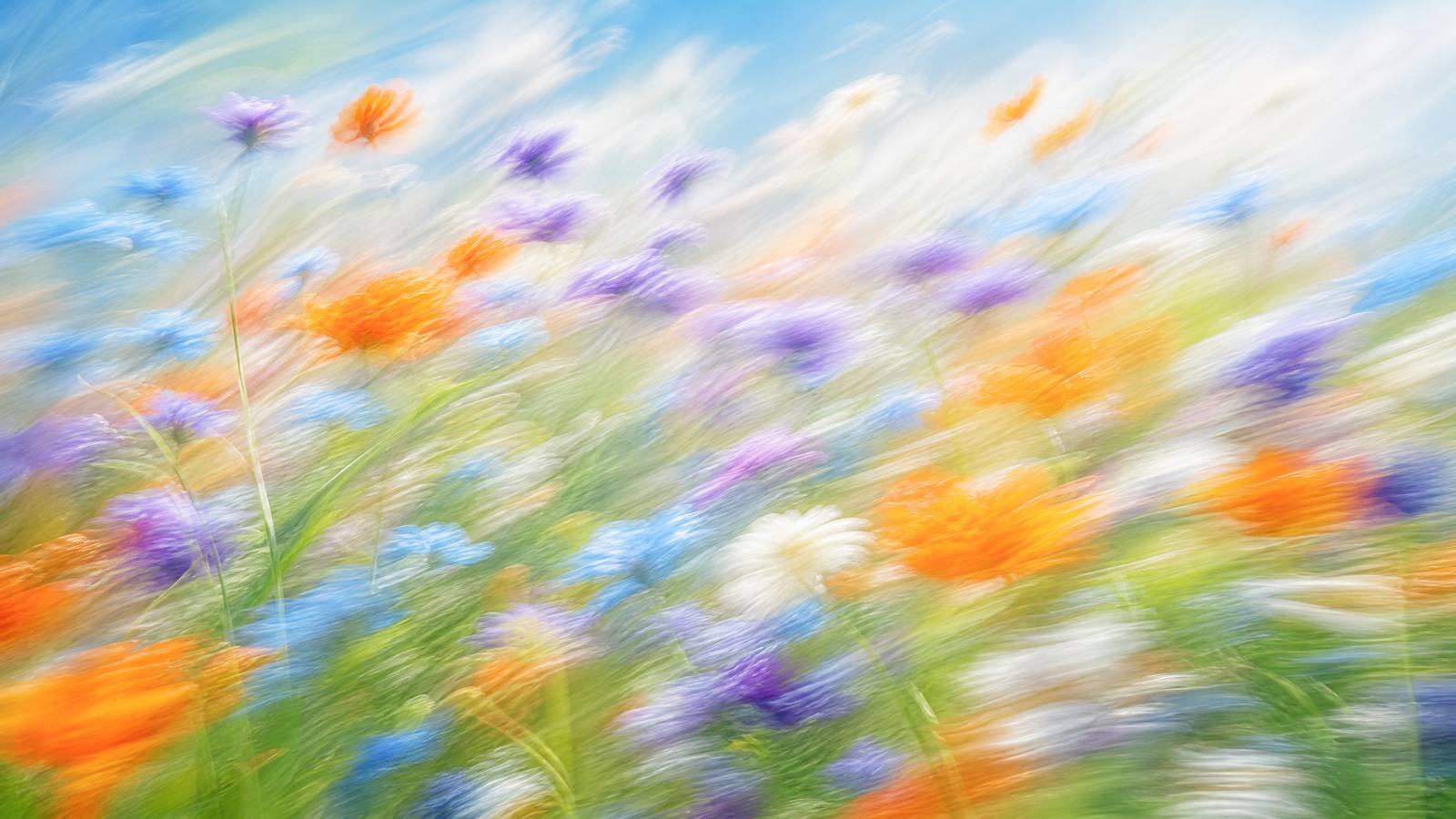 Impressionistic motion-blur wildflower meadow in tangerine, violet, sky blue and soft white