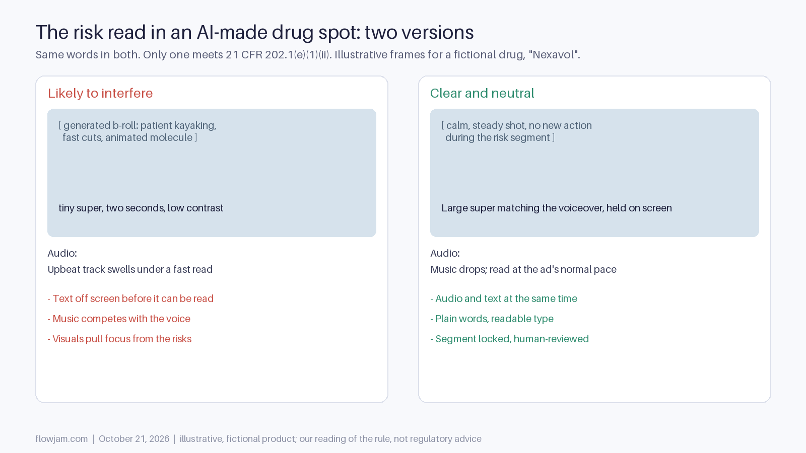 Two illustrative frames of the risk segment in an AI-made spot for a fictional drug: one with fast b-roll, a tiny two-second super and music swelling under the read, likely to interfere; one with a steady shot, a large super matching the voiceover and music dropped, clear and neutral