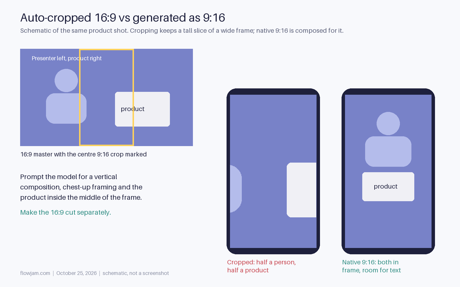 Schematic comparing a 16:9 product shot auto-cropped to 9:16, which leaves half a presenter and half a product in frame, with a shot generated as 9:16 from the start, where presenter and product both fit with room for text