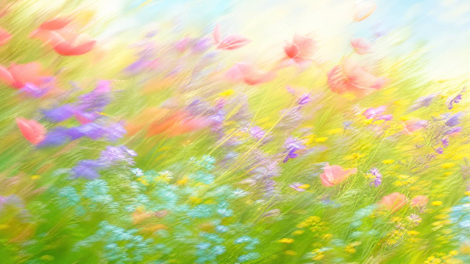 Impressionistic motion-blur wildflower meadow in coral, soft violet, aqua and buttery yellow