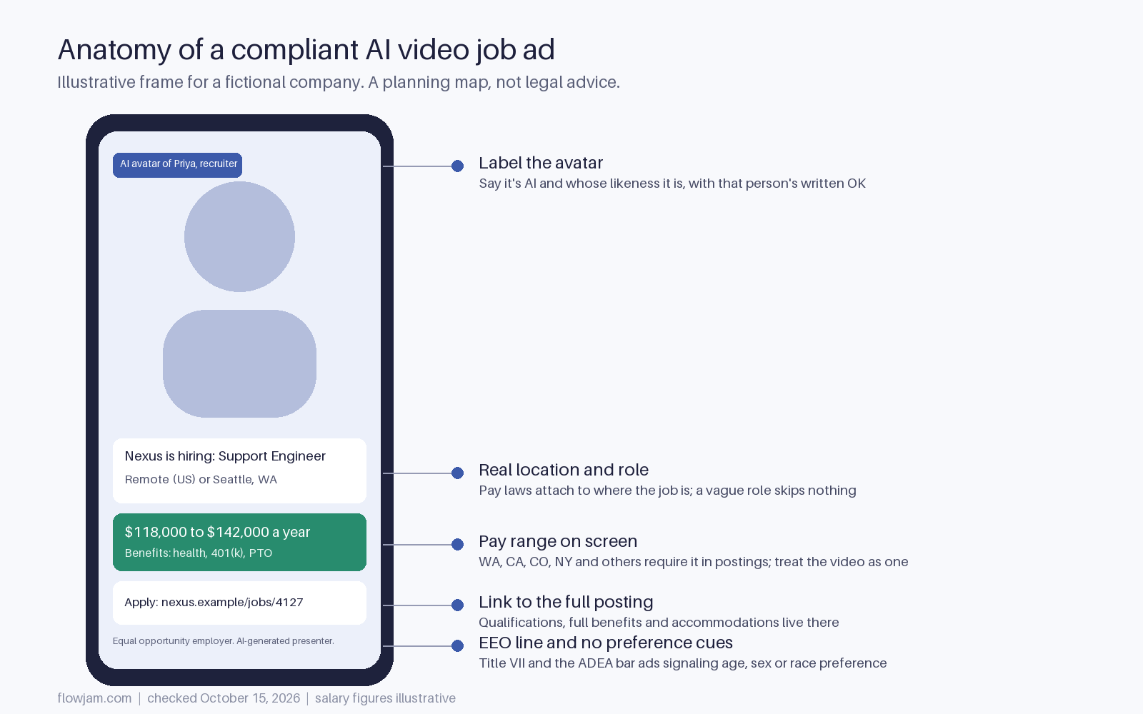 Mock vertical AI video job ad for a fictional company with callouts for the AI avatar label, location, pay range, link to the full posting and equal opportunity line