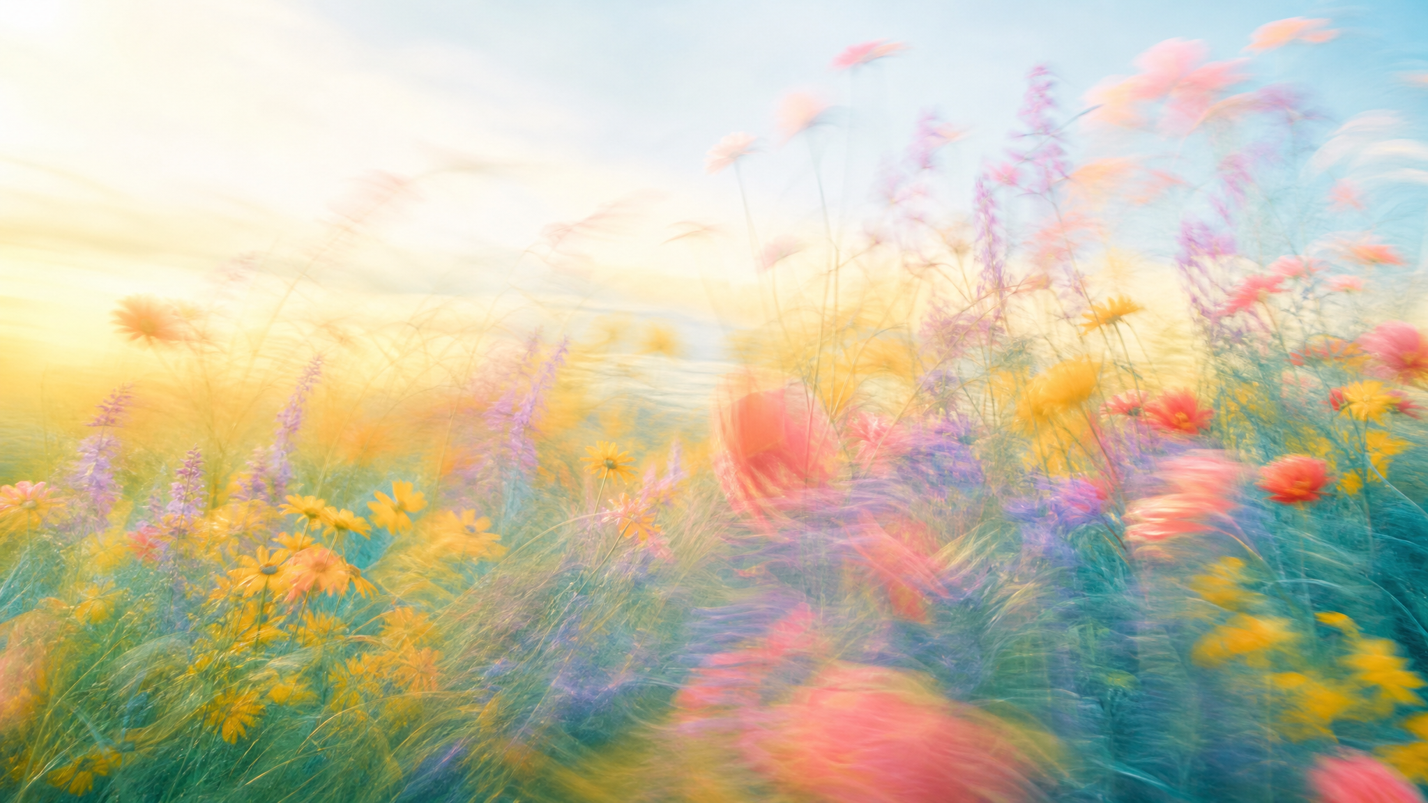 Bright airy high-key motion-blur wildflower meadow in gold, coral, lavender and soft teal