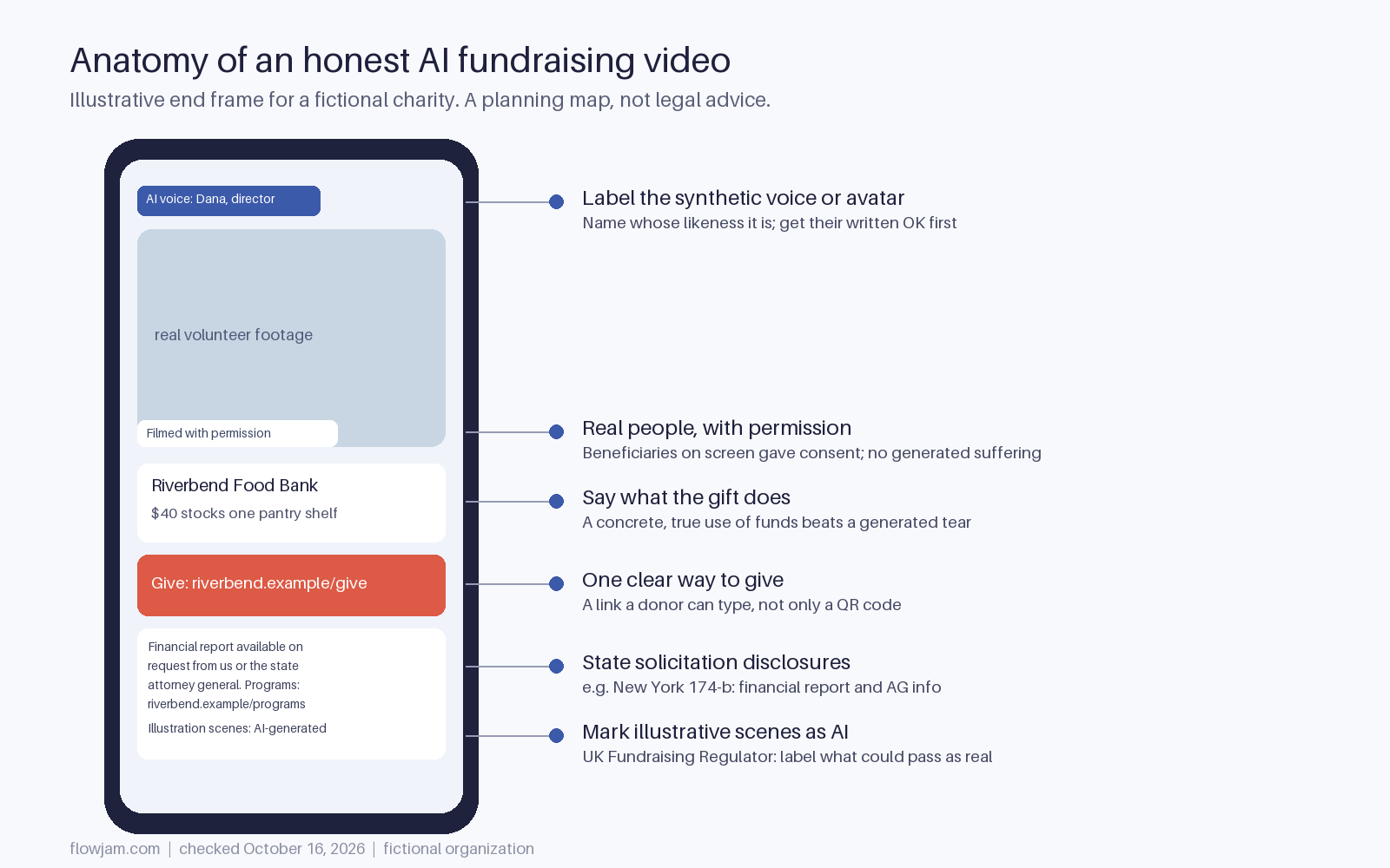 Mock vertical fundraising video end frame for a fictional food bank with callouts for the AI voice label, consented real footage, use of funds, donate link, state solicitation disclosure and AI illustration label
