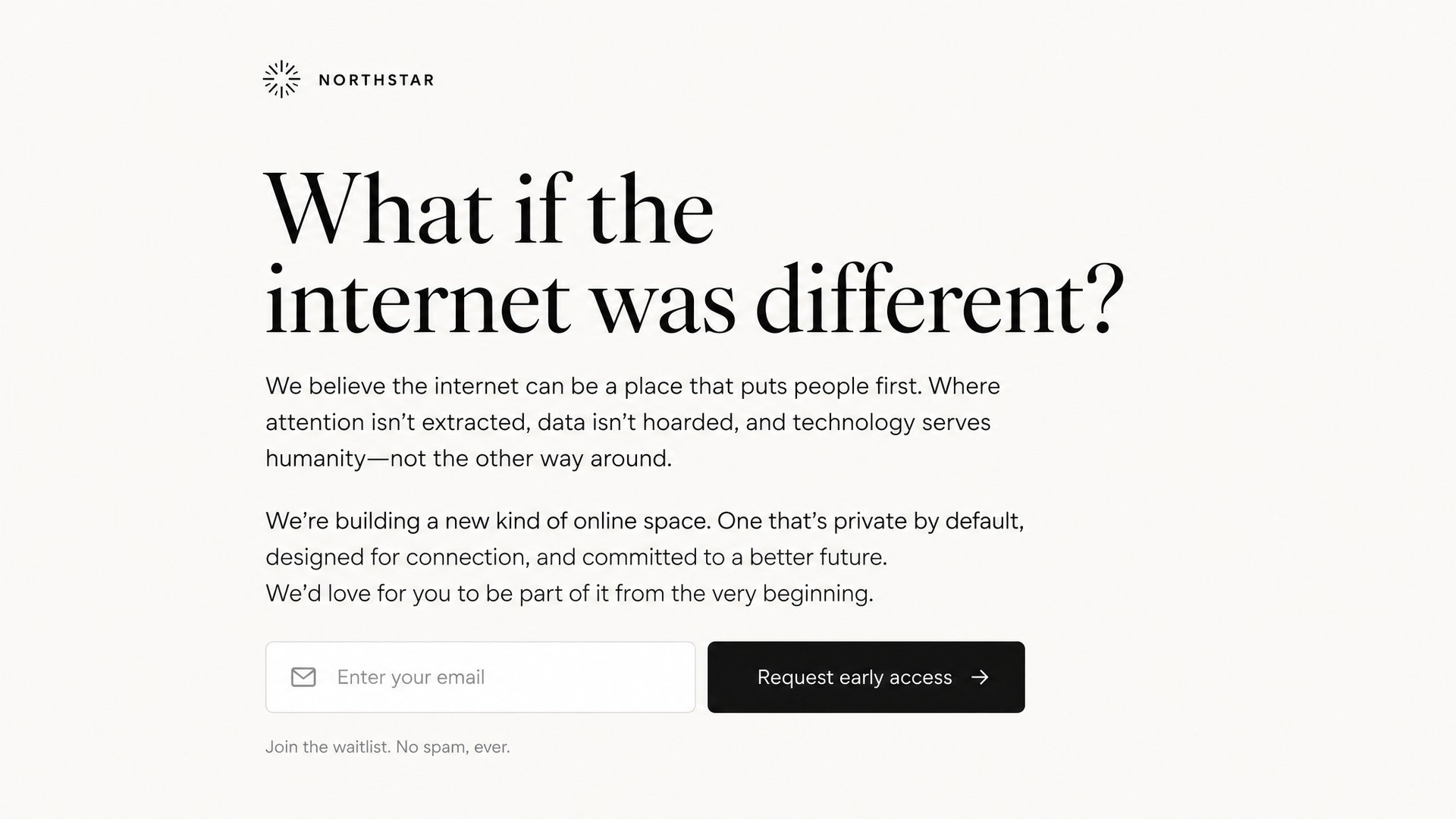 Manifesto-style waitlist landing page example: a bold point-of-view headline and a founder's letter above a single email field