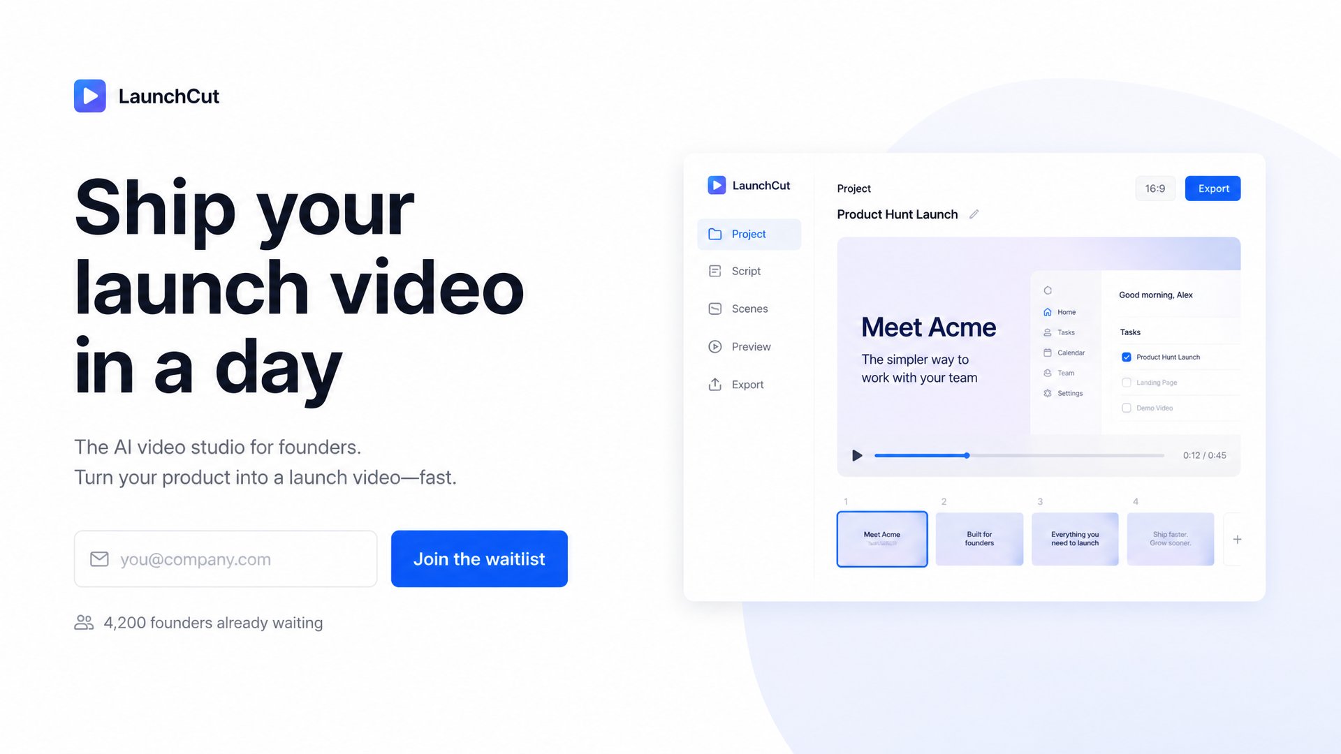 High-converting waitlist landing page example: an outcome headline, a single email field, social proof, and a product screenshot beside the form