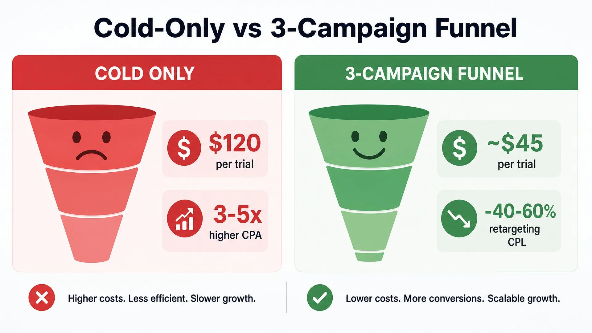Cold-only vs 3-campaign funnel: cold-only costs $120 per trial and 3-5x higher CPA; the 3-campaign funnel reaches about $45 per trial with retargeting cutting CPL 40-60%