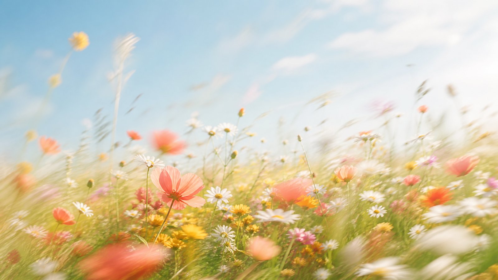 Bright impressionistic motion-blur wildflower meadow in coral and gold