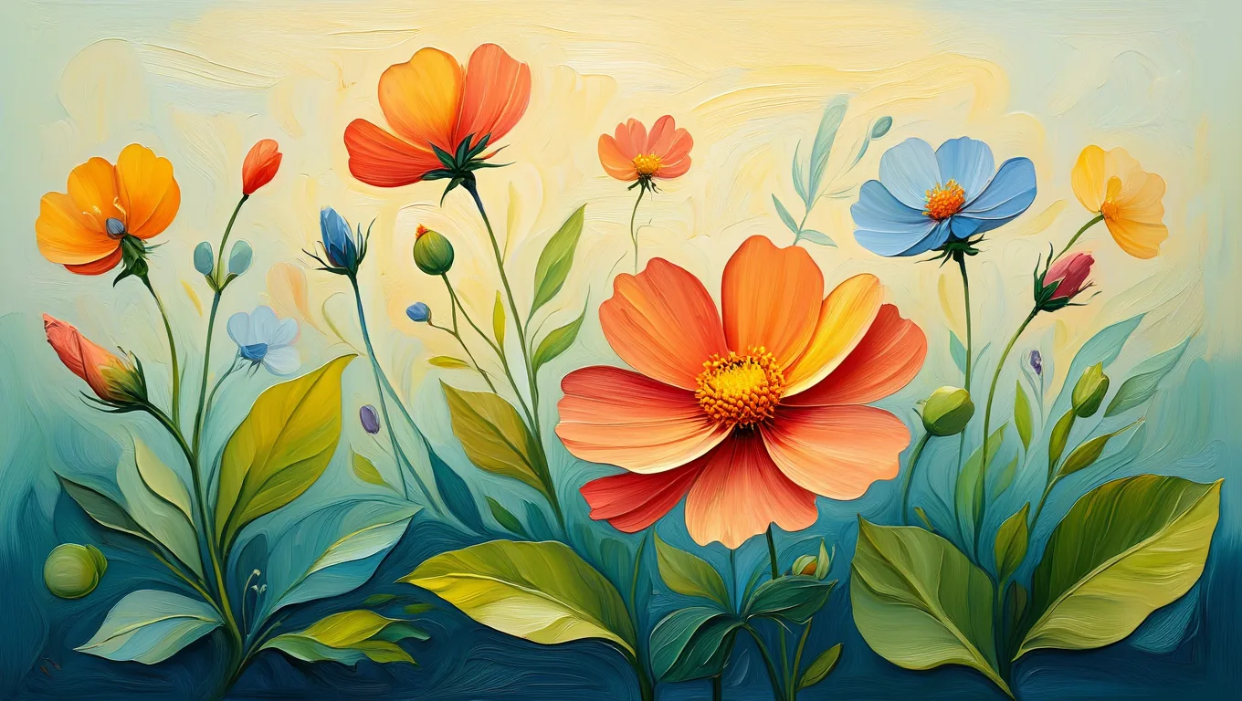 Painterly garden of cosmos and dahlias in the Flowjam style