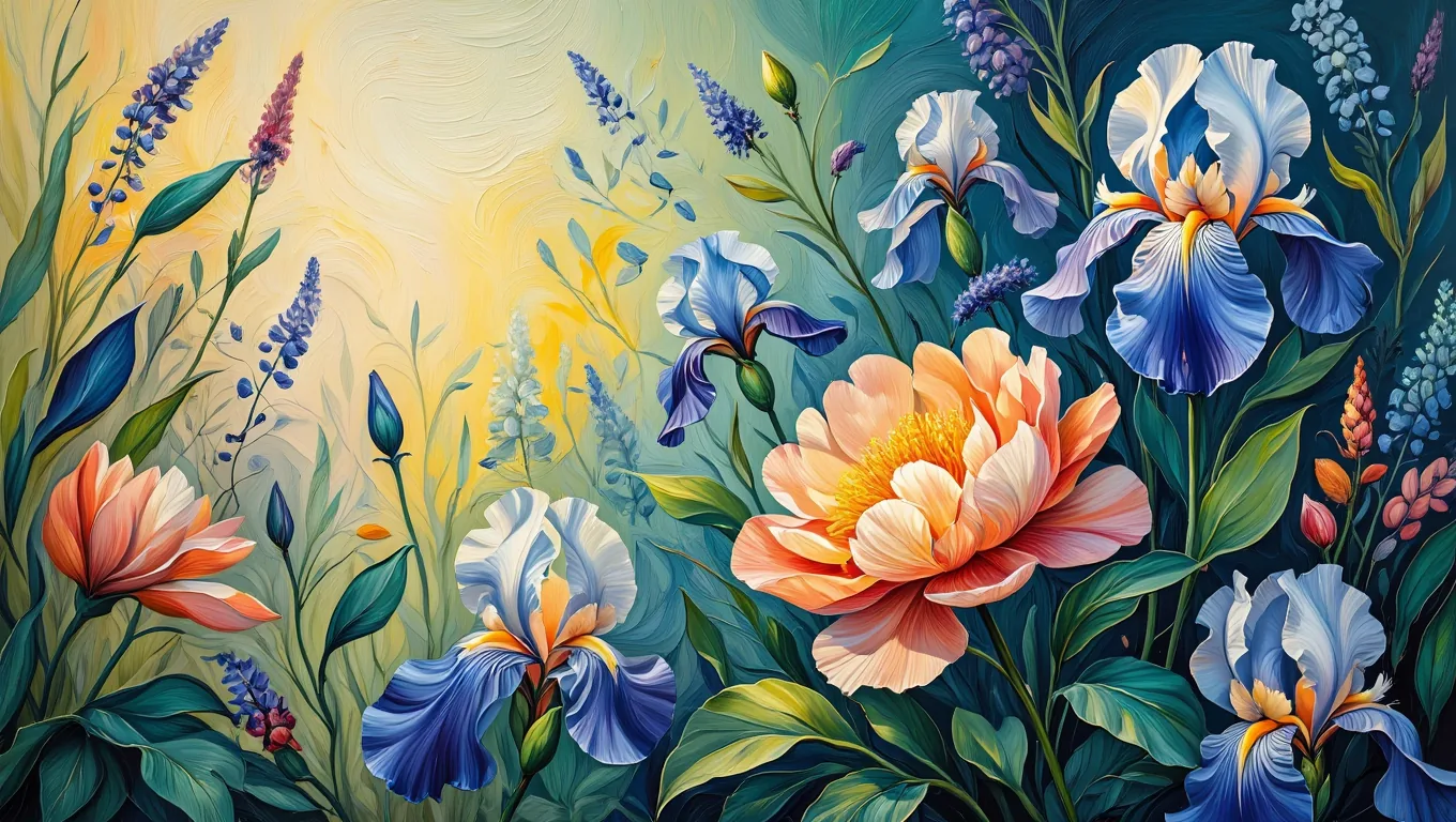 Painterly garden of irises and wisteria in the Flowjam style