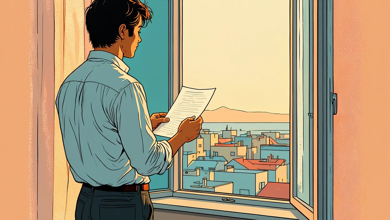 Founder looking out at the sunrise holding a printed application letter
